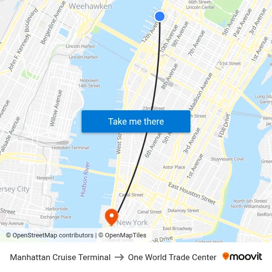 Manhattan Cruise Terminal to One World Trade Center map