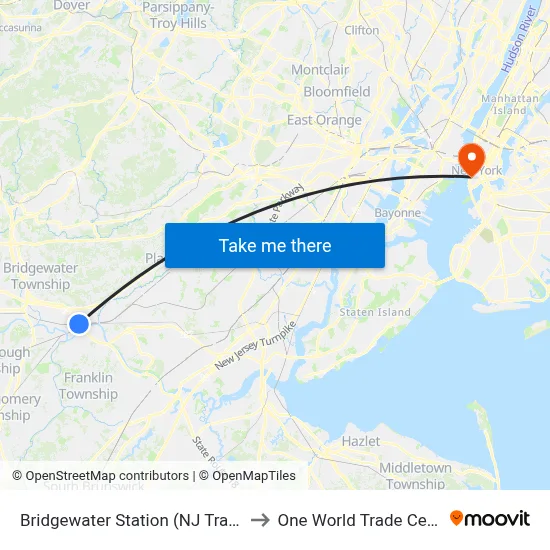 Bridgewater Station (NJ Transit) to One World Trade Center map