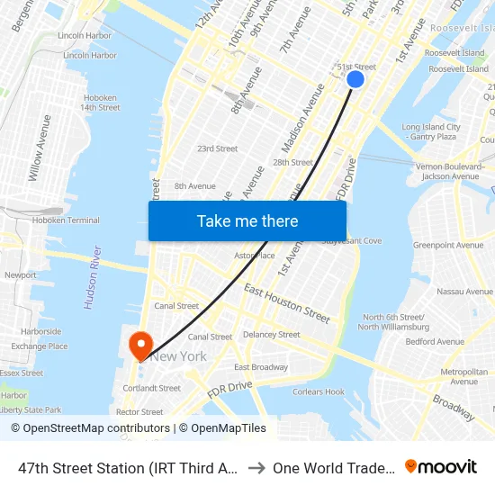 47th Street Station (IRT Third Avenue Line) to One World Trade Center map