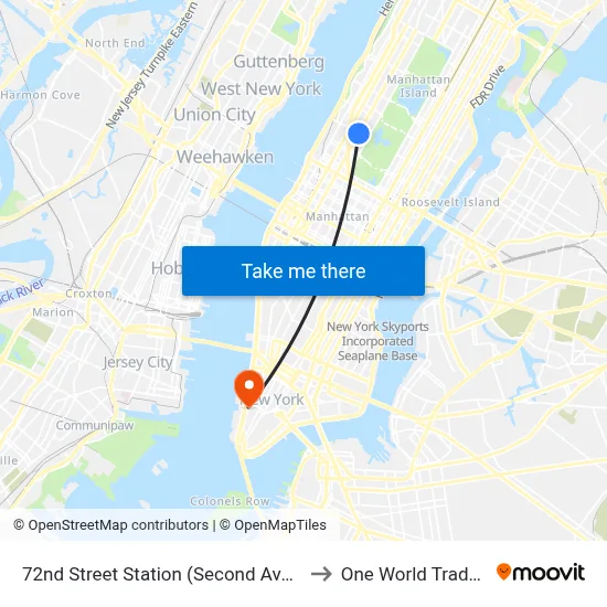 72nd Street Station (Second Avenue Subway) to One World Trade Center map