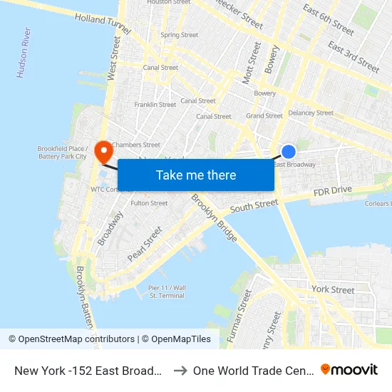 New York -152 East Broadway to One World Trade Center map