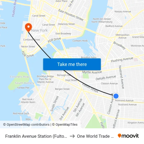 Franklin Avenue Station (Fulton Street) to One World Trade Center map