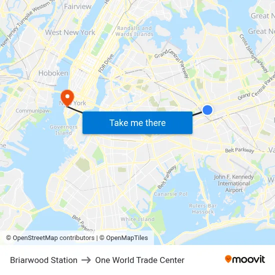Briarwood Station to One World Trade Center map