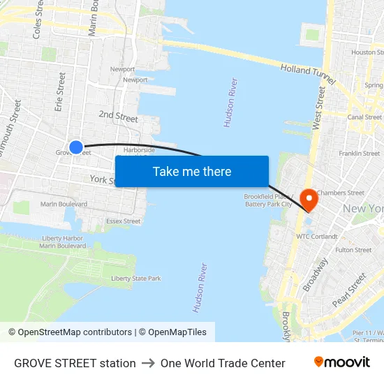 GROVE STREET station to One World Trade Center map