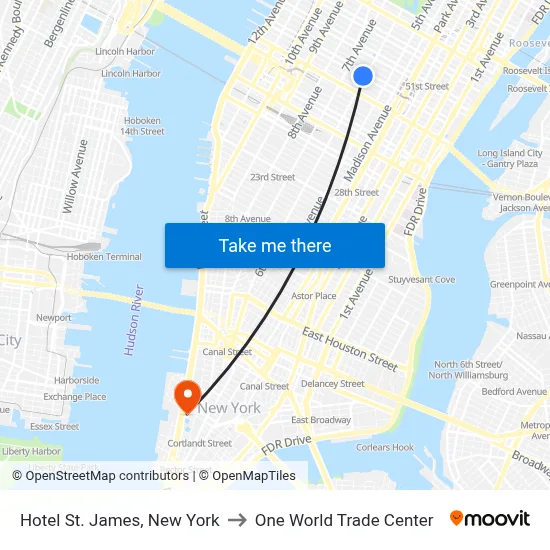 Hotel St. James, New York to One World Trade Center map