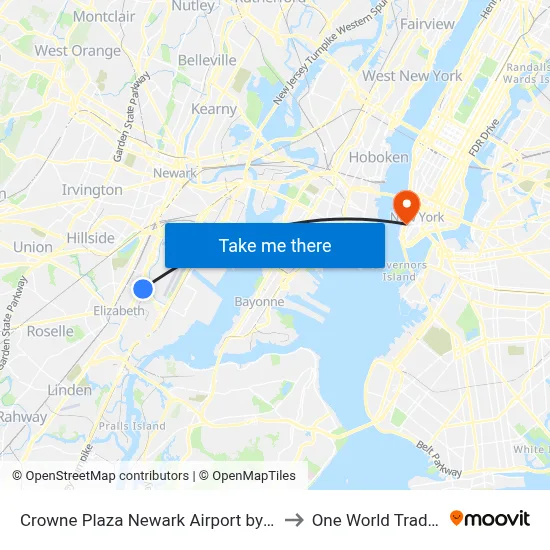 Crowne Plaza Newark Airport by IHG, Elizabeth to One World Trade Center map