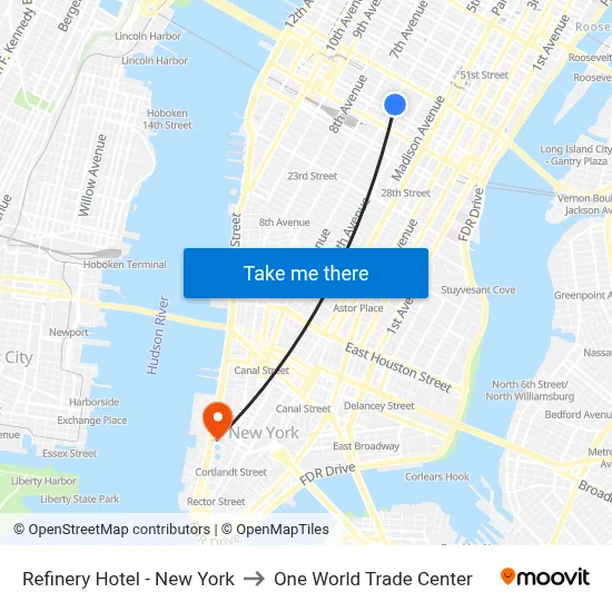 Refinery Hotel - New York to One World Trade Center map