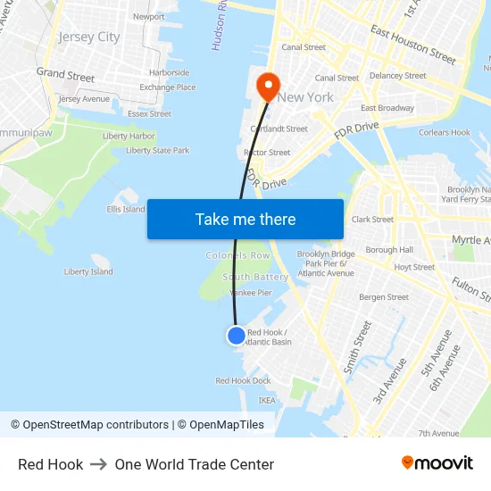 Red Hook to One World Trade Center map