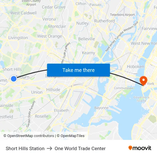 Short Hills Station to One World Trade Center map