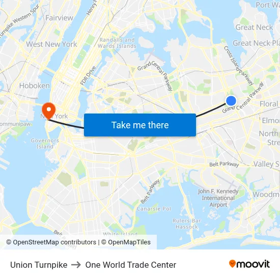 Union Turnpike to One World Trade Center map