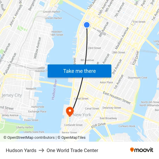 Hudson Yards to One World Trade Center map