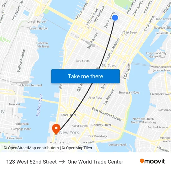 123 West 52nd Street to One World Trade Center map