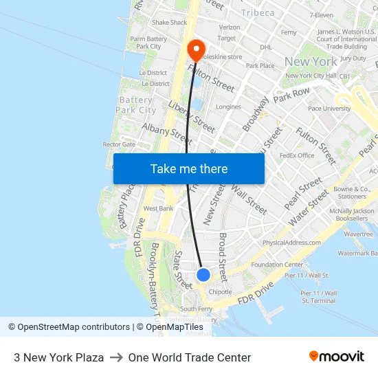 3 New York Plaza to One World Trade Center map