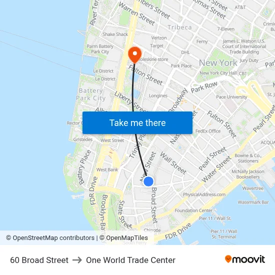 60 Broad Street to One World Trade Center map