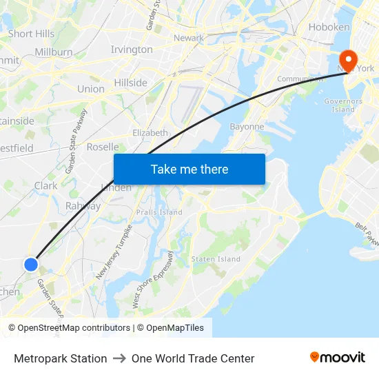 Metropark Station to One World Trade Center map