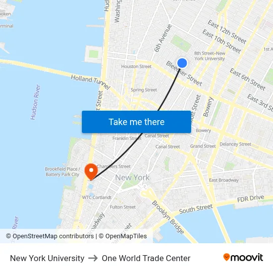 New York University to One World Trade Center map
