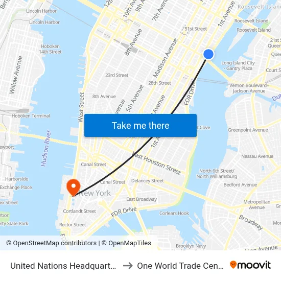 United Nations Headquarters to One World Trade Center map