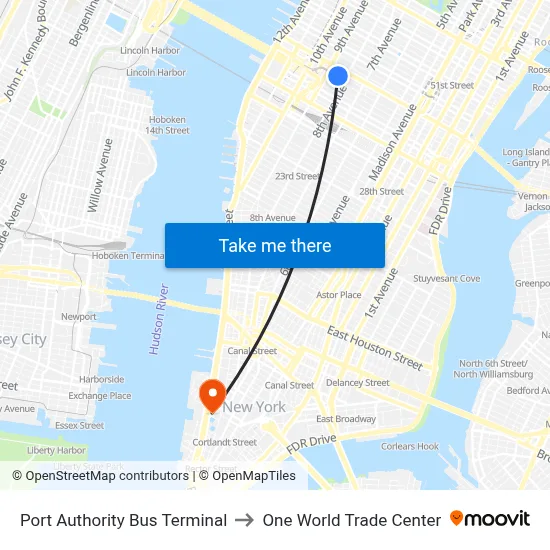 Port Authority Bus Terminal to One World Trade Center map