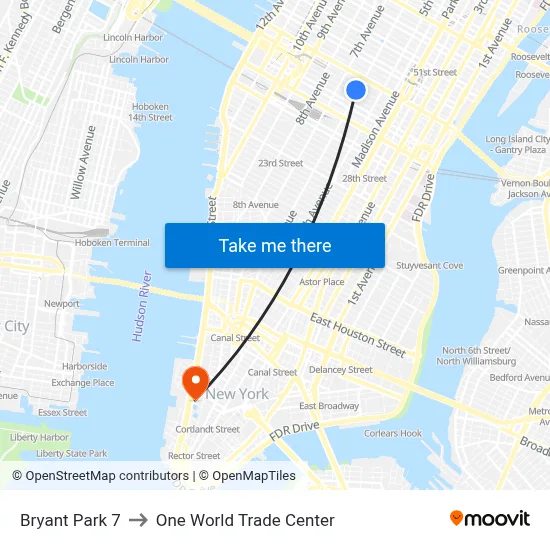 Bryant Park 7 to One World Trade Center map