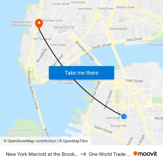 New York Marriott at the Brooklyn Bridge to One World Trade Center map