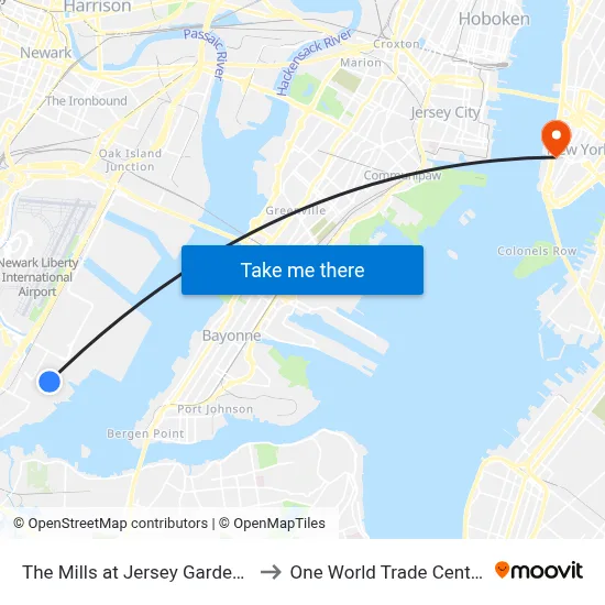 The Mills at Jersey Gardens to One World Trade Center map