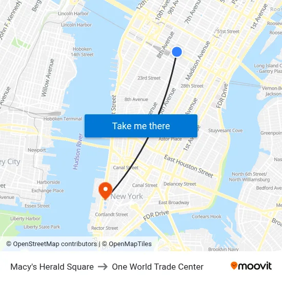 Macy's Herald Square to One World Trade Center map