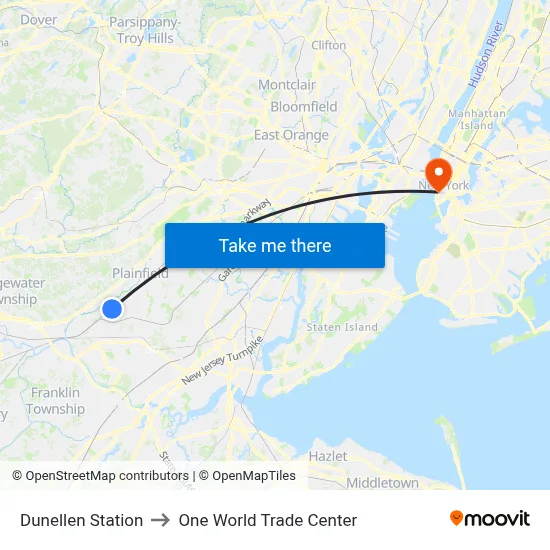 Dunellen Station to One World Trade Center map