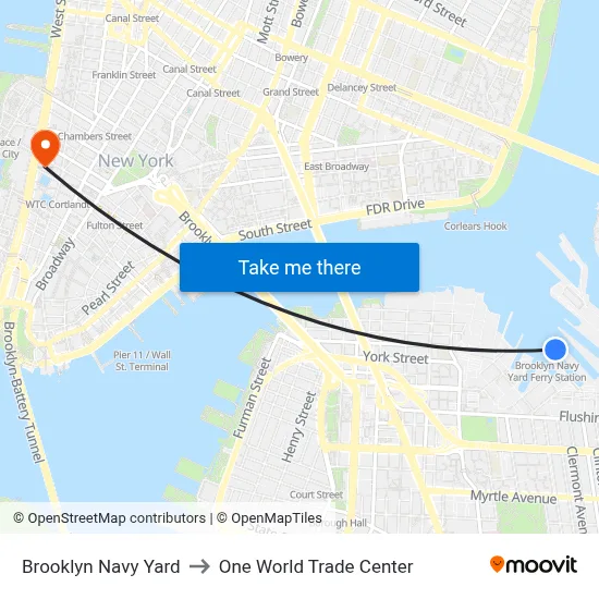 Brooklyn Navy Yard to One World Trade Center map