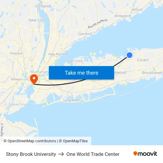 Stony Brook University to One World Trade Center map