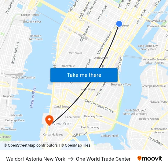 Waldorf Astoria New York to One World Trade Center map