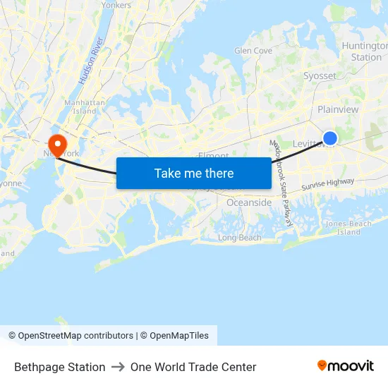 Bethpage Station to One World Trade Center map