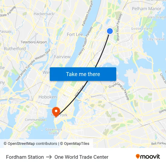 Fordham Station to One World Trade Center map