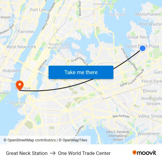 Great Neck Station to One World Trade Center map