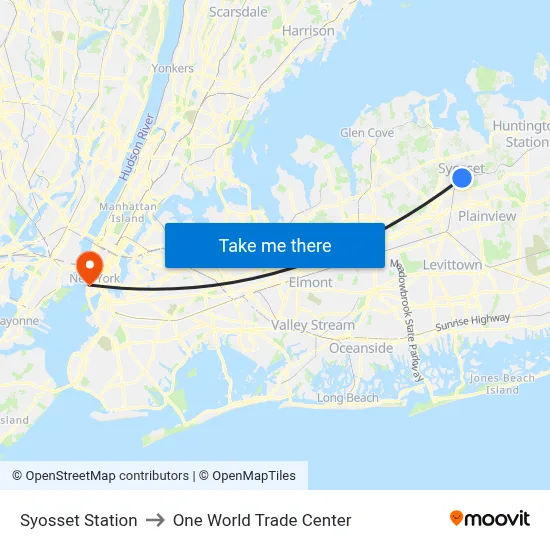 Syosset Station to One World Trade Center map