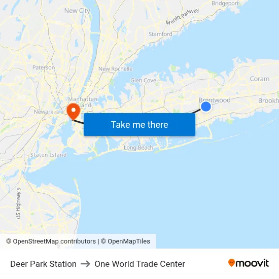 Deer Park Station to One World Trade Center map