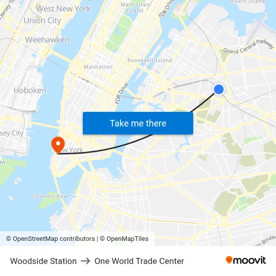 Woodside Station to One World Trade Center map