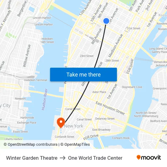 Winter Garden Theatre to One World Trade Center map