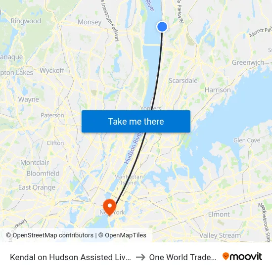Kendal on Hudson Assisted Living Facility to One World Trade Center map