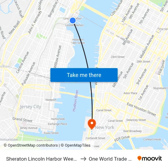 Sheraton Lincoln Harbor Weehawken to One World Trade Center map