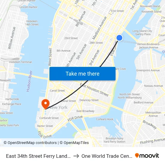East 34th Street Ferry Landing to One World Trade Center map