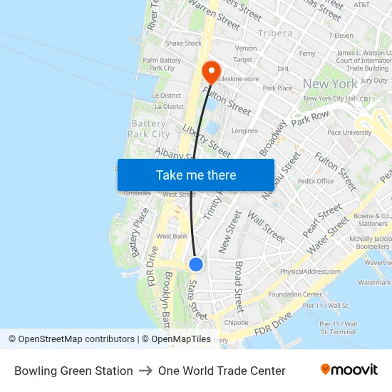 Bowling Green Station to One World Trade Center map