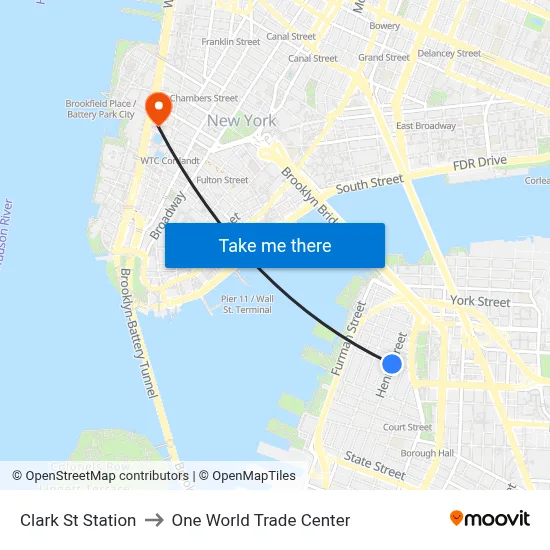Clark St Station to One World Trade Center map