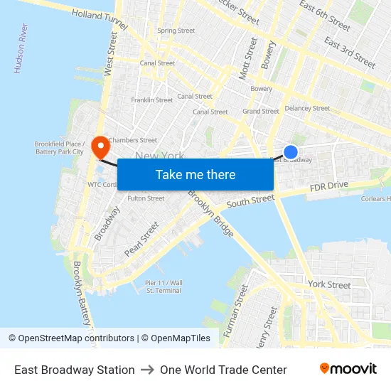 East Broadway Station to One World Trade Center map