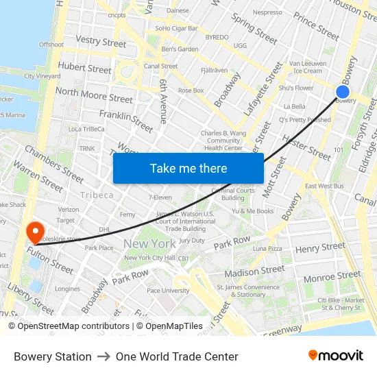 Bowery Station to One World Trade Center map