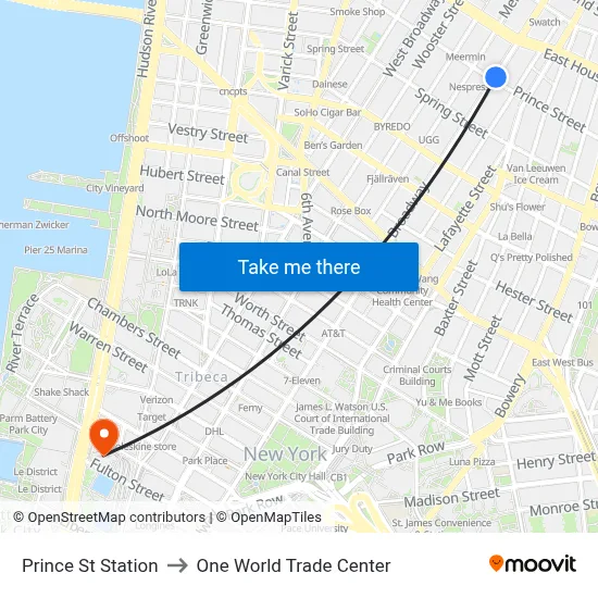 Prince St Station to One World Trade Center map