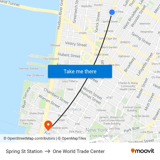 Spring St Station to One World Trade Center map