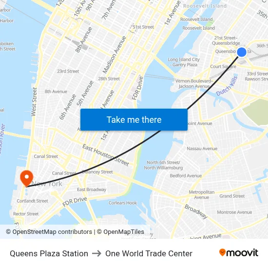 Queens Plaza Station to One World Trade Center map
