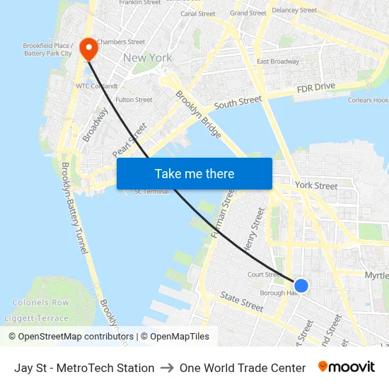 Jay St - MetroTech Station to One World Trade Center map