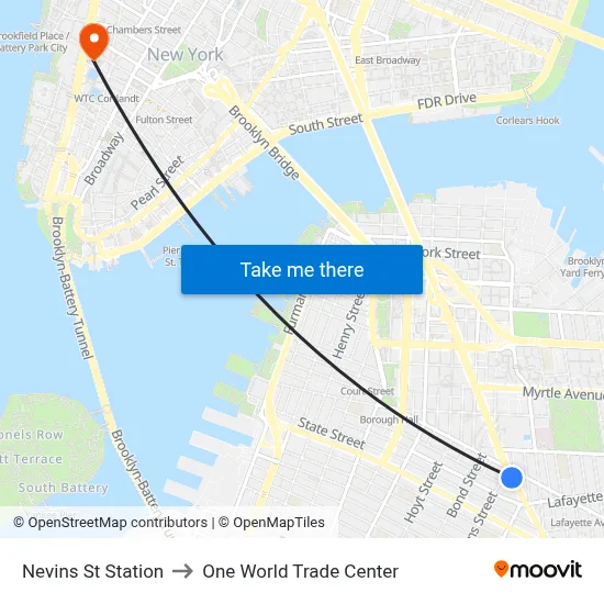 Nevins St Station to One World Trade Center map
