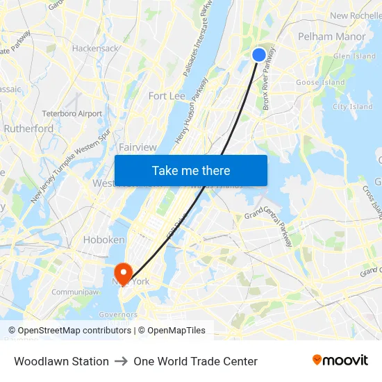 Woodlawn Station to One World Trade Center map